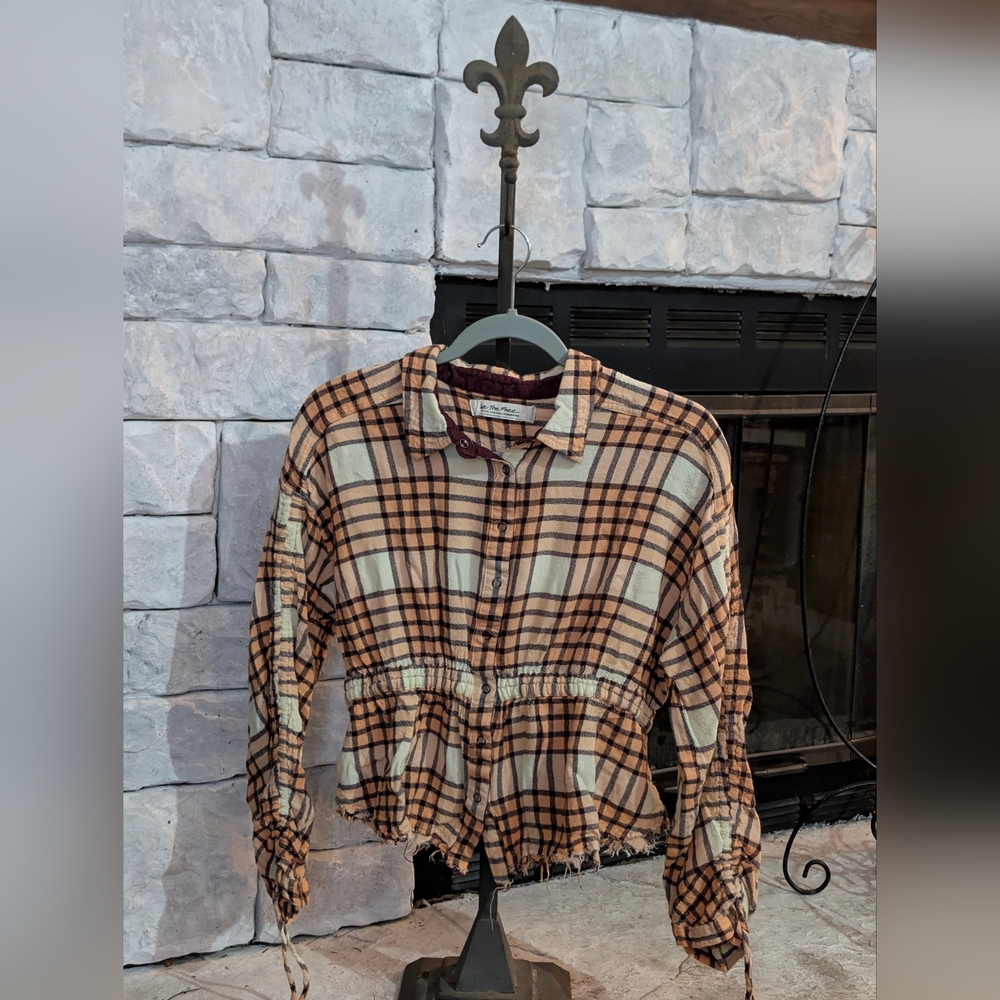 Women's Vtg We The Free Checkered Blouse in Tan and Cream